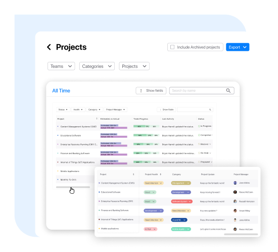 comprehensive view of project details, milestones, progress, and team contributions
