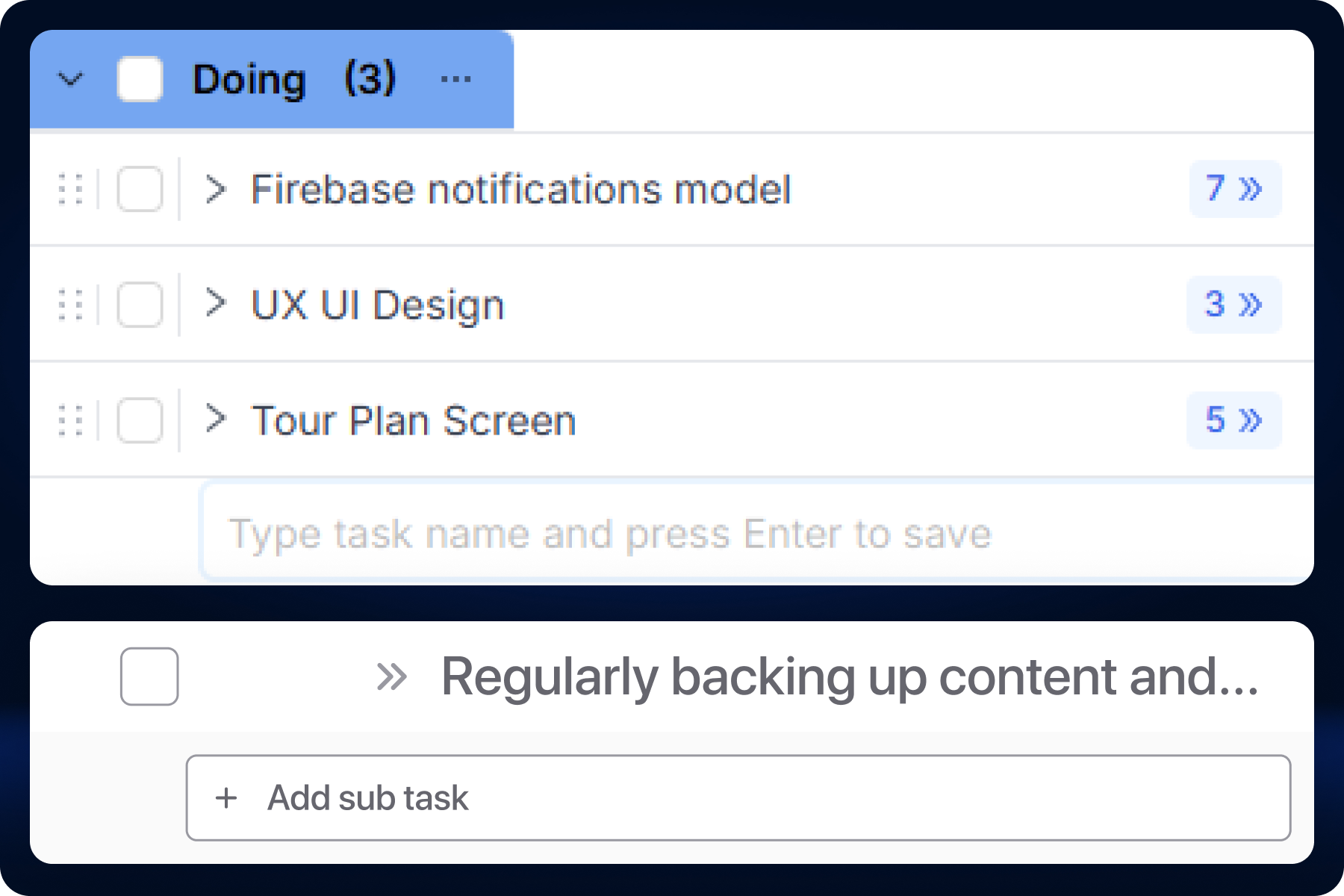 Task Management Interface showing task creation and organization features